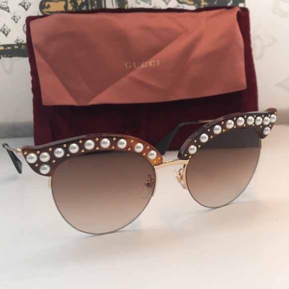 New Authentic Gucci Pearl-Embellished Sunglasses - Brown GG0212s 002 - Picture 2 of 12